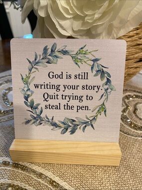 Inspirational Wood Sign - "God is still writing your story" - Blue Green Wreath